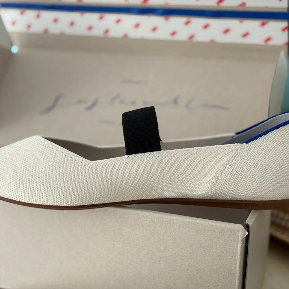 Rothy's Cream Ballet Flats with Black Elastic Strap and Blue Trim - Picture 4 of 5